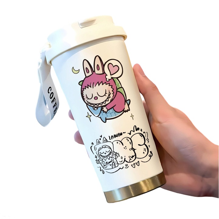 Cana termica cu capac si pai, 500ml, dublu perete, inox, design rezistent la scurgeri, pentru birou, scoala, petreceri, camping