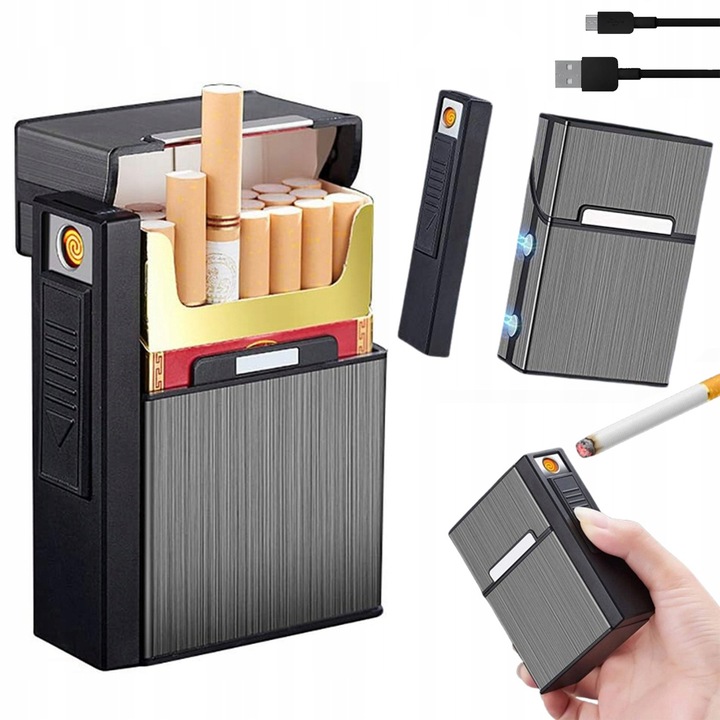 Bricheta Electrica, Bedee, 2 in 1, Tabachera, Portabil, Capacitate 20 tigarete, Reincarcabila, Usor de utilizat si de transportat, Sigura si durabila, Rezistent la umiditate, pentru locuinte, birouri, exterior, balcoane, ABS/Aliaj de zinc, Negru