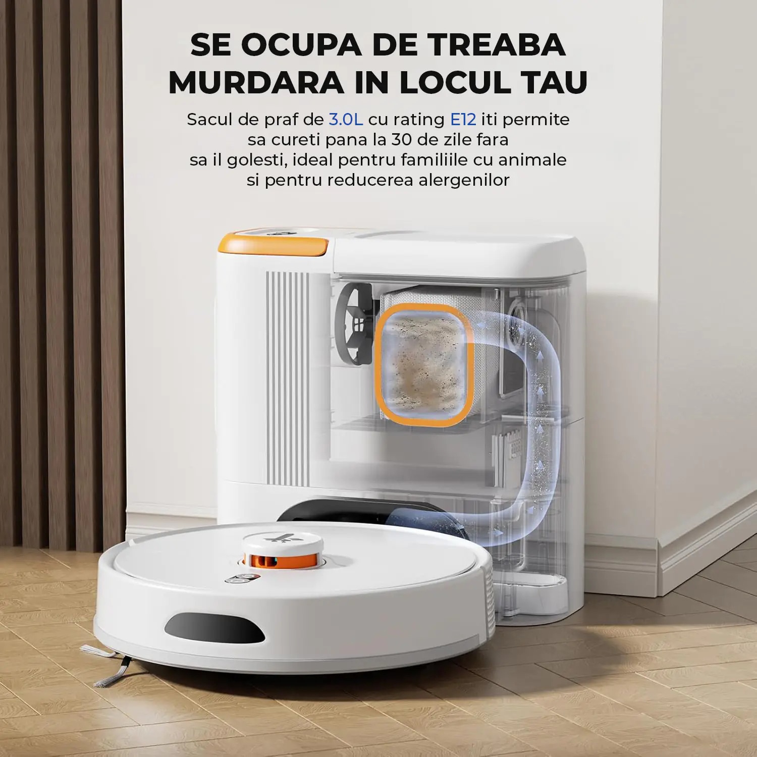 Aspirator 3 in 1 Elindor® pentru Aspirare Covoare, Spalare Podele si Grooming Animale, Robot pentru Reducerea Alergenilor, Control prin Aplicatie, Ideal pentru Casa, Interior, 6000Pa, 5000 mAh, Autogolire. 3L, Alb