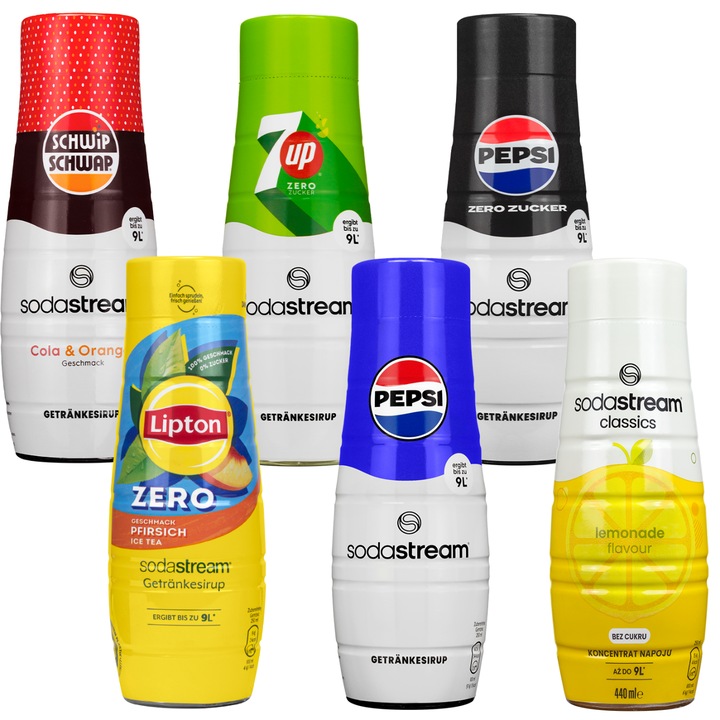 SodaStream Szirup koncentrátum csomag 6 íz Pepsi, Pepsi Max, 7UP Zero, Citromos limonádé, Lipton Ice Tea Barack Zero, Schwip Schwap, 6x440 ml