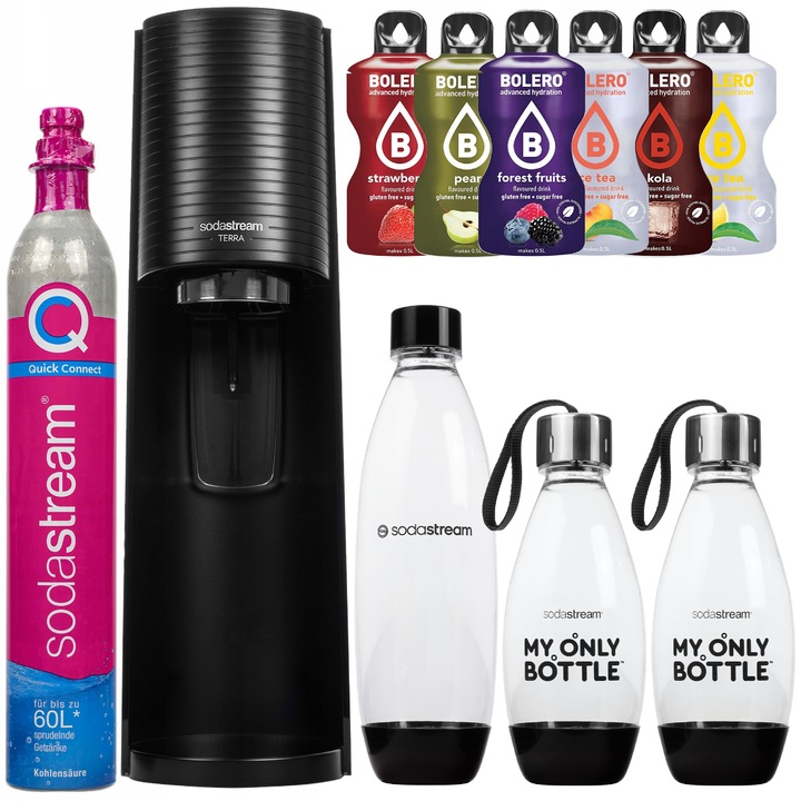 SodaStream Terra szódagép fekete QuickConnect patronnal, 1L palack, 2x 0.5L My Only Bottle, 6x bolero ízesítővel