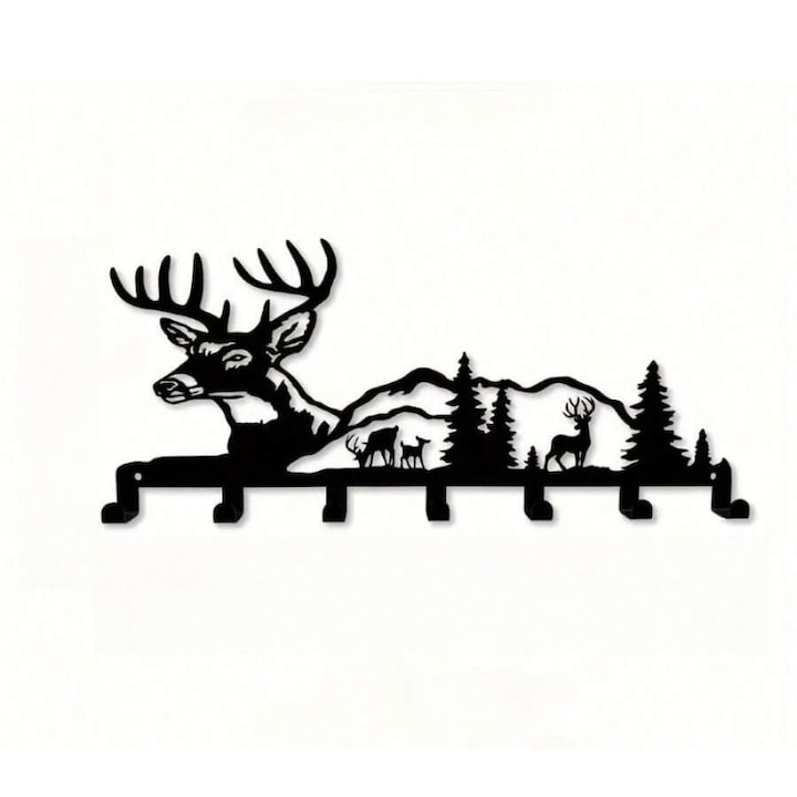 Suport pentru chei din metal CIFBUY, design cap de cerb si peisaj montan, 7 carlige, finisaj mat, rezistent la rugina