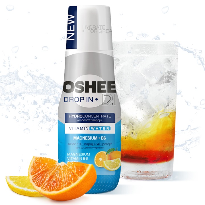 Oshee Drop In Hydrokoncentrát Magnez B6 500ml citrom narancs íz vitaminokkal biotin niacin B12 cukormentes sportital 40 adag