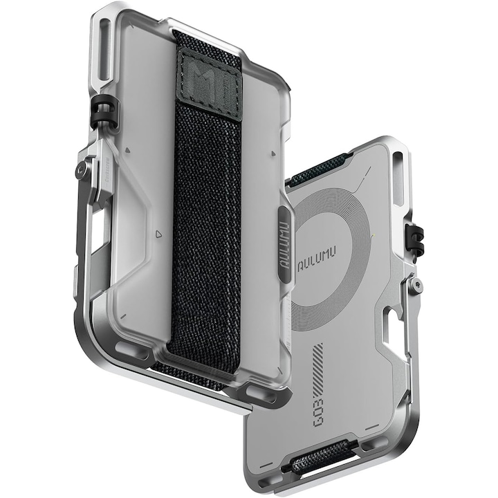 Portofel Compatibil MagSafe Aulumu G03 Multi Tool Metal Wallet, Carcasa Aluminiu si Capac Mat Translucid, Grip elastic, Kickstand metalic integrat, suport AirTag, deschizator sticle, rigla integrata, blocare RFID, pana la 12 carduri, Ultra slim, Alb