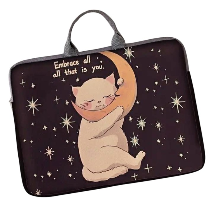 Laptop táska, laptopvédő huzat, tok, cipzáros, egyszerű, védőhuzat, iskolába is gyerekeknek, fiataloknak, hölgyeknek munkába, cica, macska Hold motívum, kitűnő ajándék, 26x38 cm, 10,26x14,6 inch r458