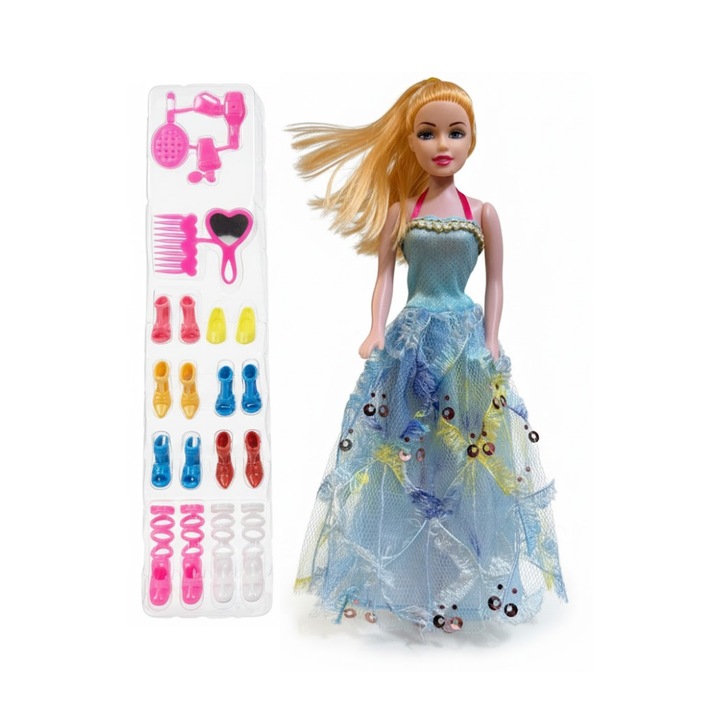 Set Papusa GNR Market, Rochie Albastra, Accesorii Coafura, 25 cm