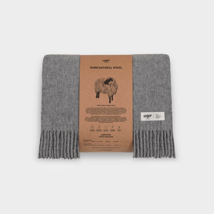 Patura din lana HOP Design, model ALPAK, 155x205cm, moale si calduroasa, gri