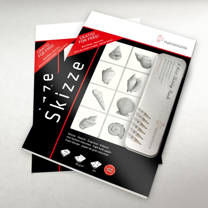 10650047 Set 2 blocuri pentru schite A4, 96gr/mp, 100 coli + 1 trusa creioane grafit - Hahnemuhle