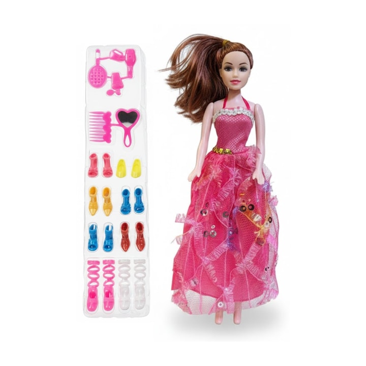 Set Papusa De Jucarie Bruneta, Imbracata In Rochie De Seara Roz, Cu Accesorii Coafura Si Seturi De Pantofi, Inaltime 25 cm