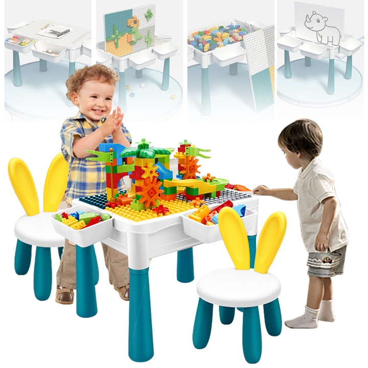 Set Masa Cu Scaune Copii Wacorresi®, cu Cuburi si Caramizi, Tabla De Scris, Desenat, Colorat, Depozitare, pentru diferite activitati,, 209 de Piese, din material plastic ABS, Bleu