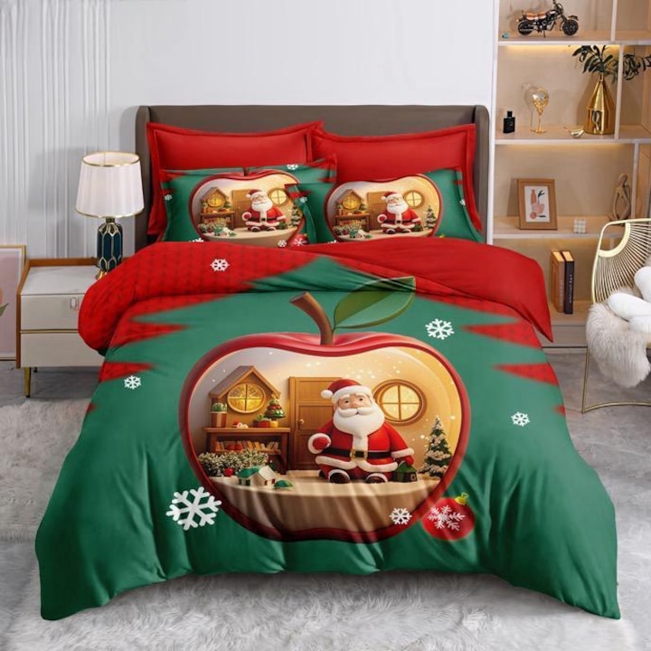 Lenjerie de pat Craciun East Comfort, set 6 piese, finet roșu-verde, 200x230cm și 230x240cm