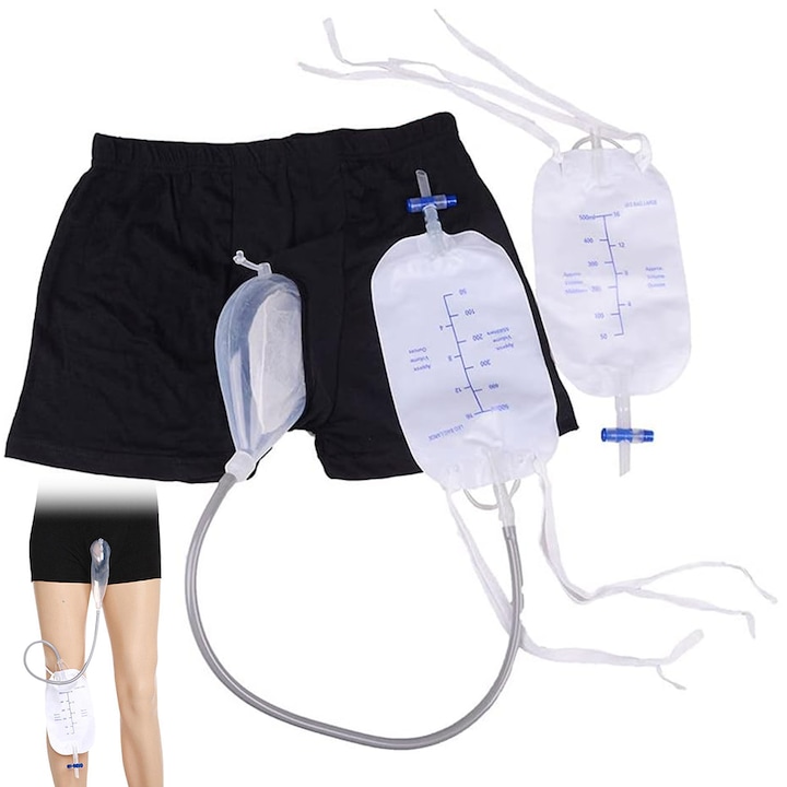 Sistem de ingrijire a incontinentei masculine, juksun, cu funnel anatomic din silicon, 2 pungi pentru urina de 500 ml, negru, marimi S, M, L