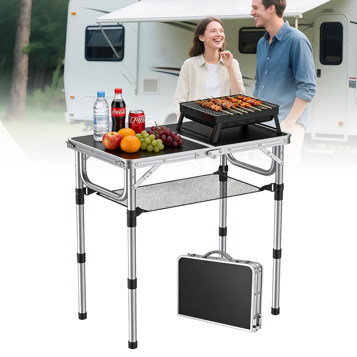 Masa turistica pliabila, Wacorresi, masa camping portabil cu reteaua de stocare, aluminiu, Blat Din MDF, picioare antiderapante, Impermeabila, 3 inaltime reglabila, usoare, rezistente, pentru Picnic, interior si exterior, 58x40x67 cm, Argintiu