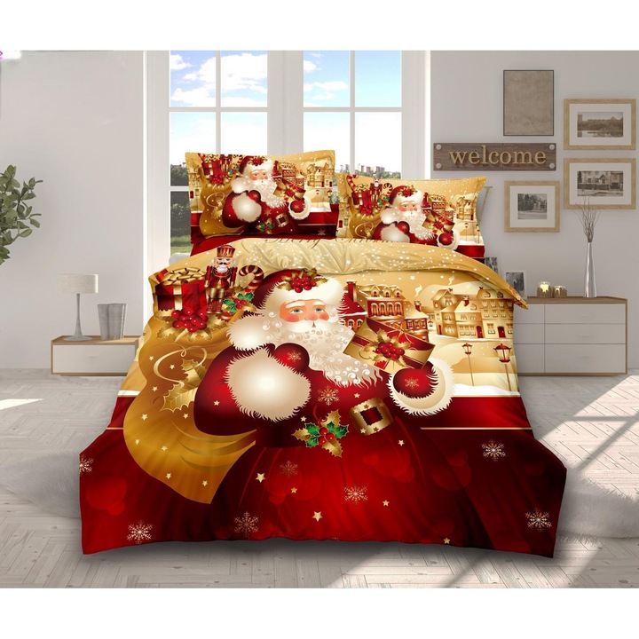 Lenjerie de pat Craciun din Bumbac cu Finet, 6 Piese, 200 x 230 cm Cearsaf Pilota, 230 x 240 cm Cearsaf pat si 4 Fete de Perna incluse, design festiv Rosu -Auriu