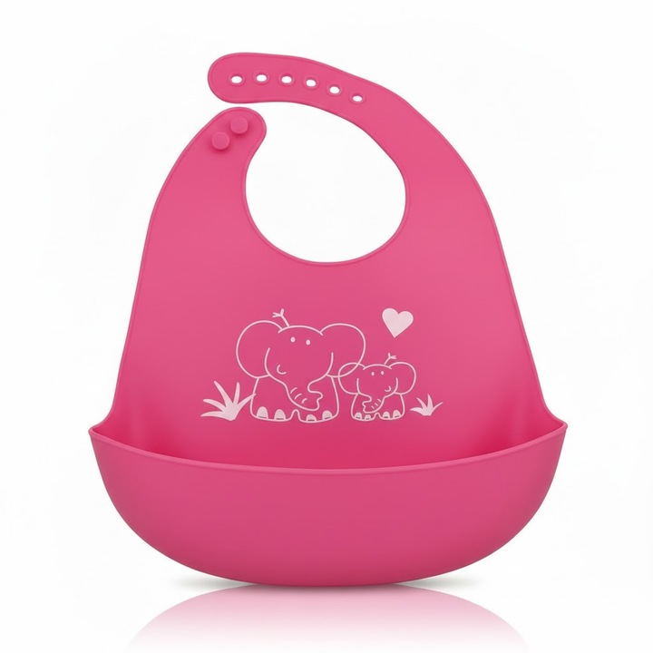 Baveta Din Silicon Pentru Bebelusi, Reutilizabila, Impermeabila, Cu Buzunar, Ajustabila, Culoare Roz Inchis, Desen Cu Elefanti