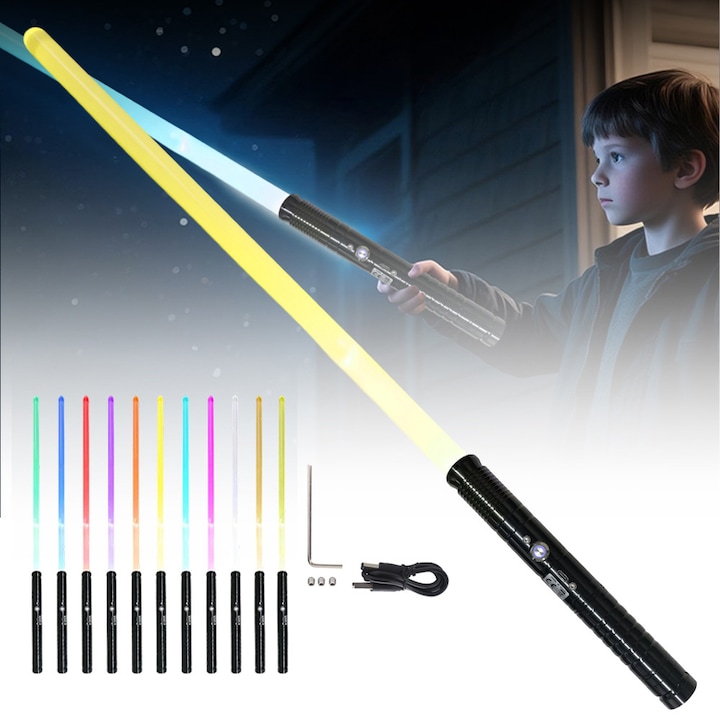 Детски лазерен меч Междузвездни войни, Suness, 11 промени на цвета, със звукови ефекти, прибиращ се, 78 см, Черен