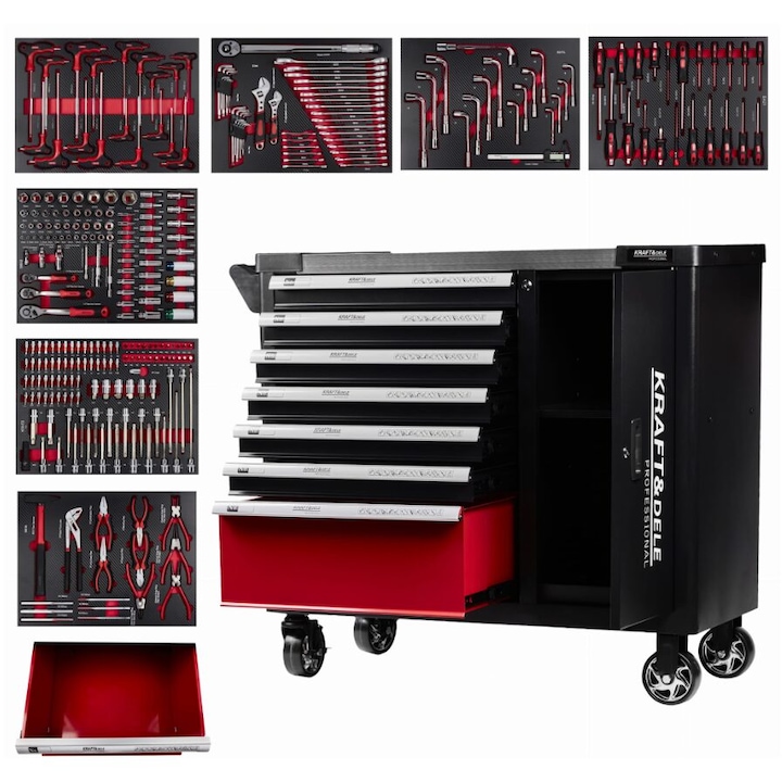 Dulap scule complet, pe roti, 7 sertare, 299 piese, Kraft