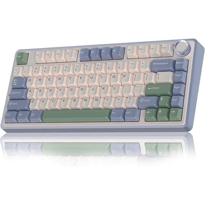 Tastatura Mecanica Wireless F75 75%, Hot Swappable, Switch-uri Reaper Pre-lubrite, 2.4GHz/Type-C/BT5.0, Iluminare RGB, Alb & verde, Pentru Gaming si Birou