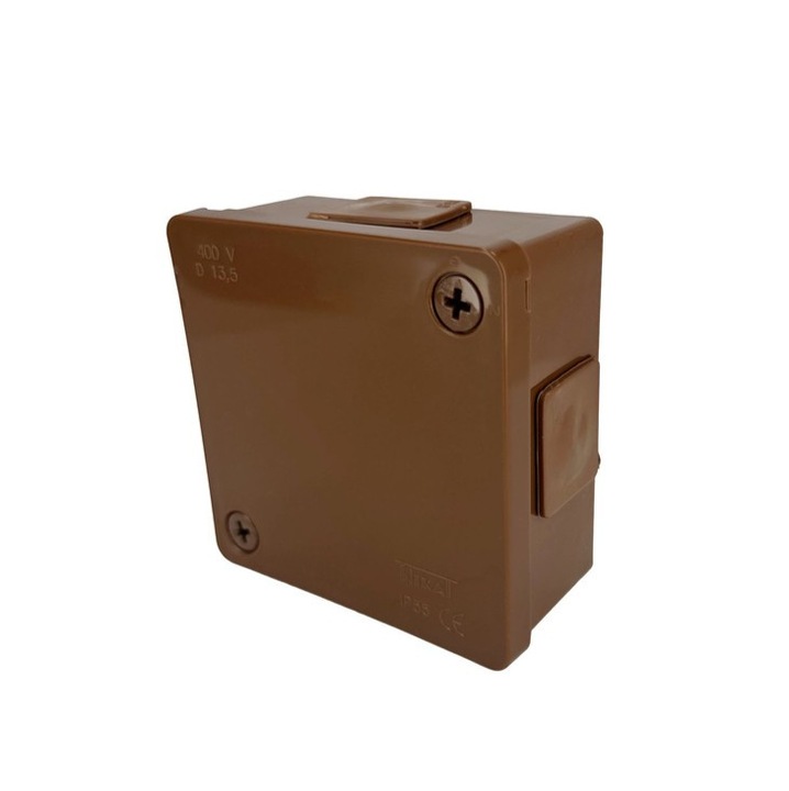 Doza, Cutie de Derivatie de Exterior IP55, Montaj Aplicat, 4 Intrari din cauciuc, Montarea Capacului ( Cu 2x Suruburi), 86x86x40mm, Maro