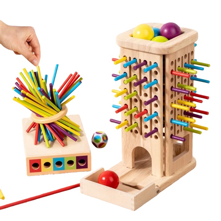 Joc Educativ Din Lemn pentru Copii cu 2 Moduri (Caderea Bilelor & Sortarea Culorilor), KuviKoo™ Dezvolta Abilitati Motorii Fine, Coordonare si Logica, Set cu Bete, Bile si Inel, Siguranta Maxima, Vopsea Netoxica, pentru 3+ Ani, Cadou Montessori