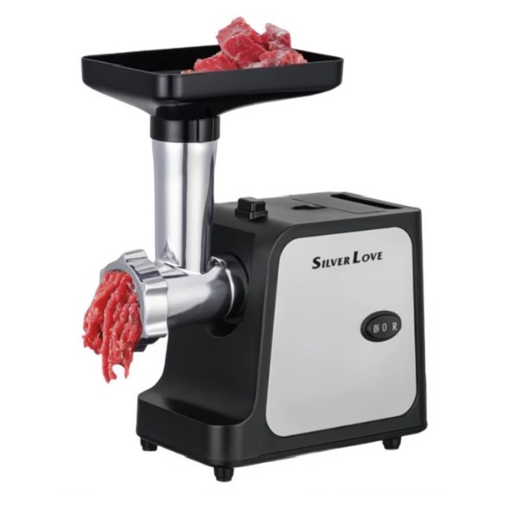 Masina de tocat carne MG12-100, 1000W, dispozitiv pentru carnati si kibbeh, multifunctionala, negru/argintiu