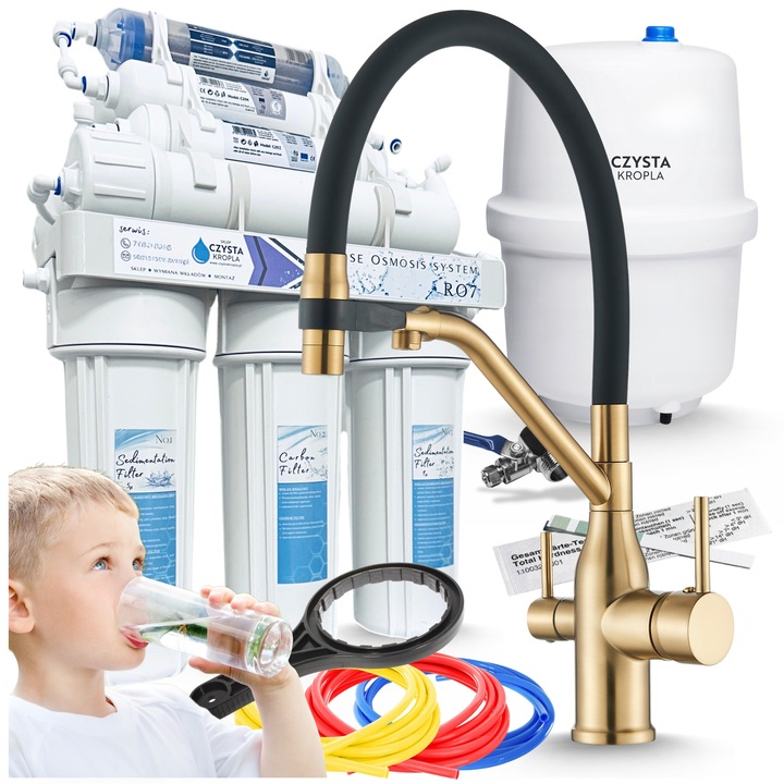 Set Bucătărie RO7 cu Batteria Magneto, Auriu Periat, 7 Etape Filtrare, Pipa Rotativă