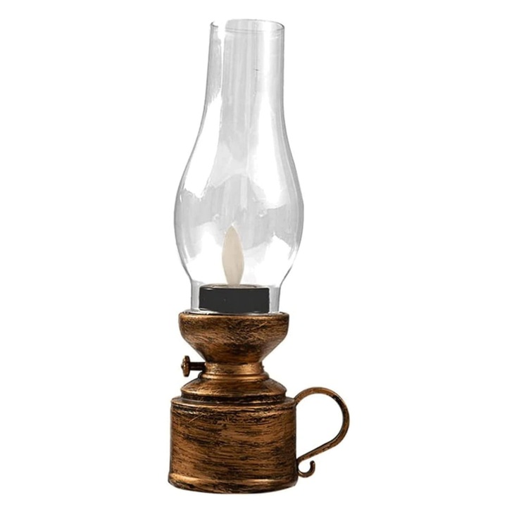 Петролна лампа, LED, винтидж, носталгична, създава топла атмосфера, реалистично трептене, на батерии, безопасна, екологична, компактна - VINTALUM бронз HOME & MARKER®