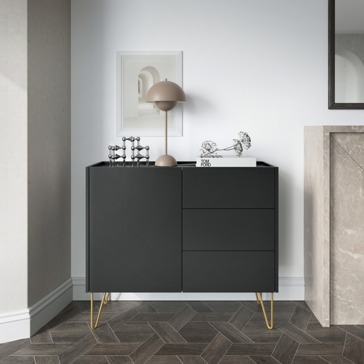 Comoda Canmore, 3 sertare, margini ABS, PAL laminat, 83 x 97 x 37 cm, Negru