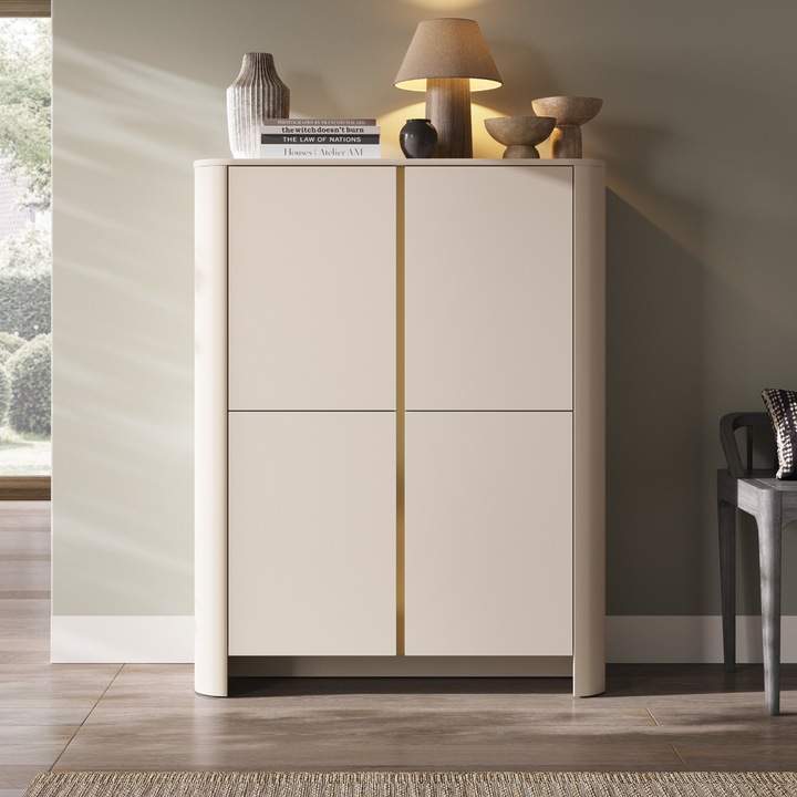 Comoda AMOS, Culoare Cachemire, 2 usi cu sistem de inchidere silentioasa, PAL laminat, 132 x 103 x 39 cm, Bej/aurie