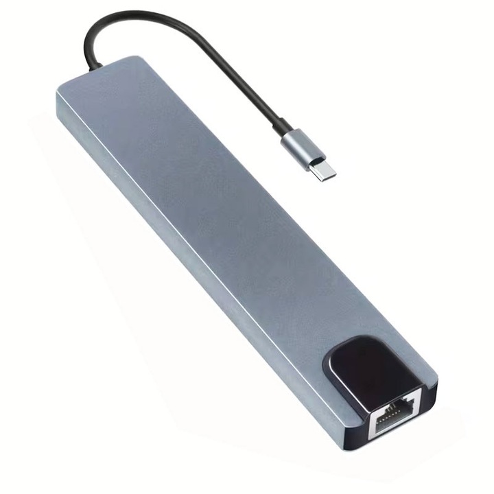 Hub USB C 8 in 1, 4K, Ethernet, PD 100W, gri deschis