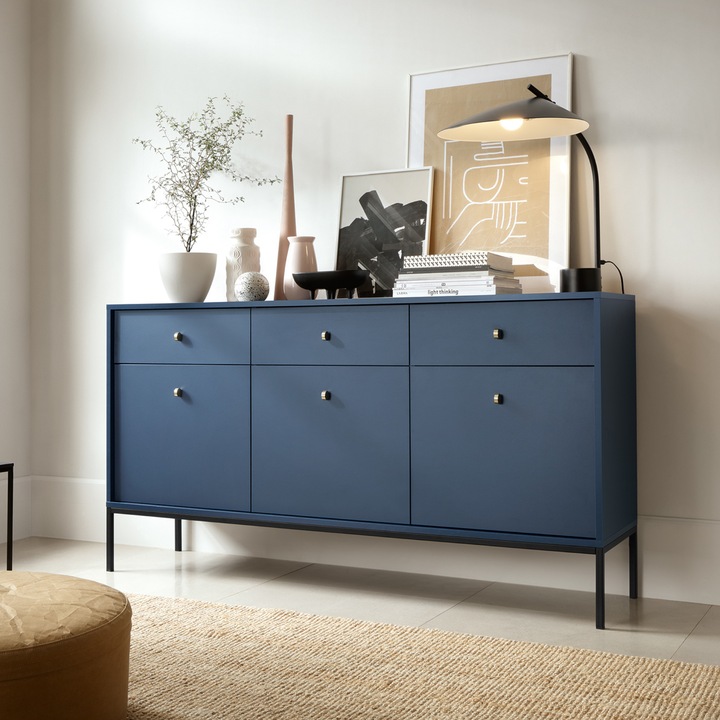 Comoda Komodee MONCTON, 3 sertare, PAL laminat, bleumarin, 83x154x39 cm