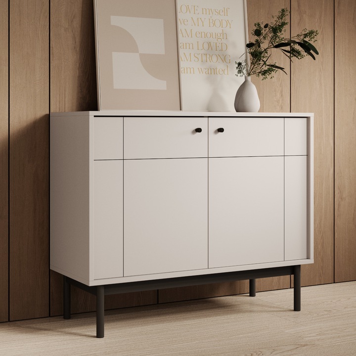 Comoda cabinet DIEPPE, 2 usi, picioare din lemn, PAL laminat, 83 x 104 x 39 cm, Cachemire