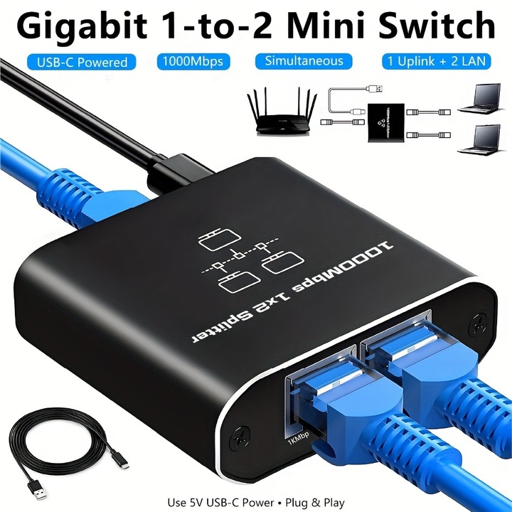 Switch Ethernet Gigabit 1 la 2, 1000Mbps, 2 porturi RJ-45, adaptor inclus