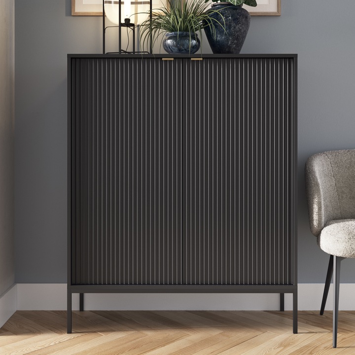 Comodă înaltă Komodee NANAIMO, 2 uși, 6 rafturi, PAL laminat, Negru, 125x104x39 cm