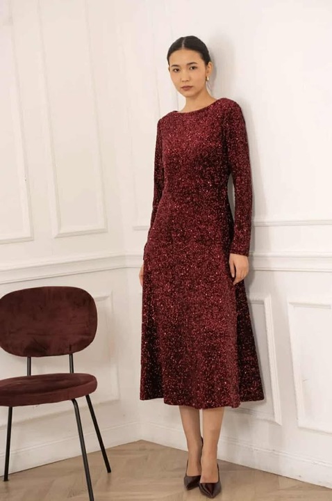Rochie midi in clos cu paiete bordo 1305, Visiniu