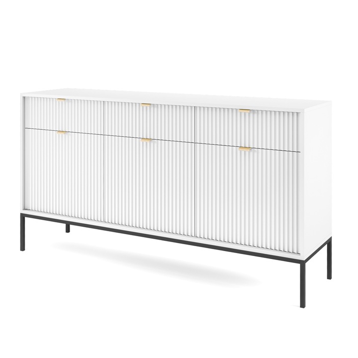 Comoda Komodee NANAIMO, 3 usi, 3 sertare, Alb/Galbui, 83x154x39 cm