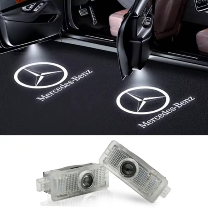 Лампи за врати на кола Mercedes Benz, съвместими с CLA, CLS, E Class, C218, A207, C207, LED холограма с лого, Комплект от 2 броя, Стъклена леща, Инсталация Plug & Play, Премиум качество