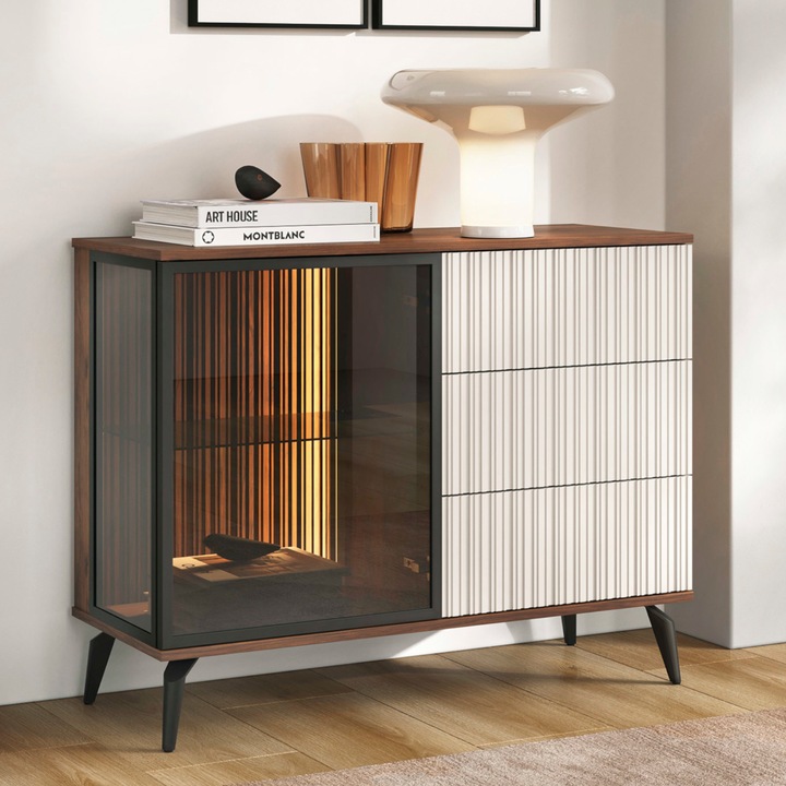 Comoda Komodee Dawson, 3 sertare, iluminare LED, Nuc/Cachemire, 80x103x39cm