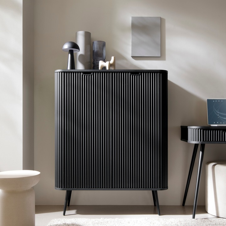 Comoda inalta Morden, 1 compartiment, fronturi ryflowate, PAL melaminat, 129 x 103 x 39 cm, Negru