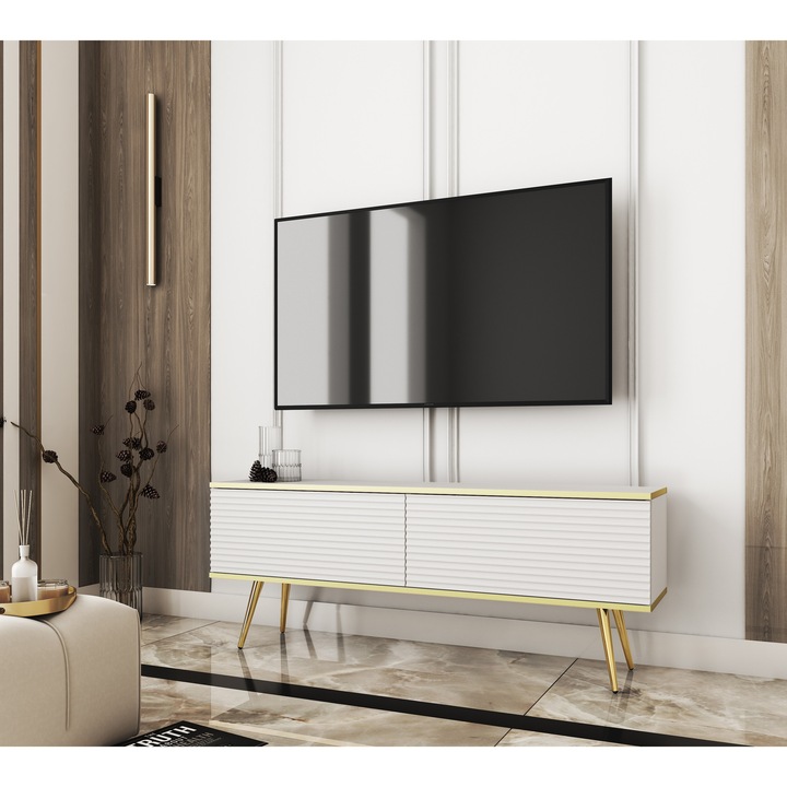 Dulap TV Banff, 135 cm, MDF, Picioare metalice aurii, Fronturi ryflowate, 53 x 135 x 32 cm, Alb/Auriu