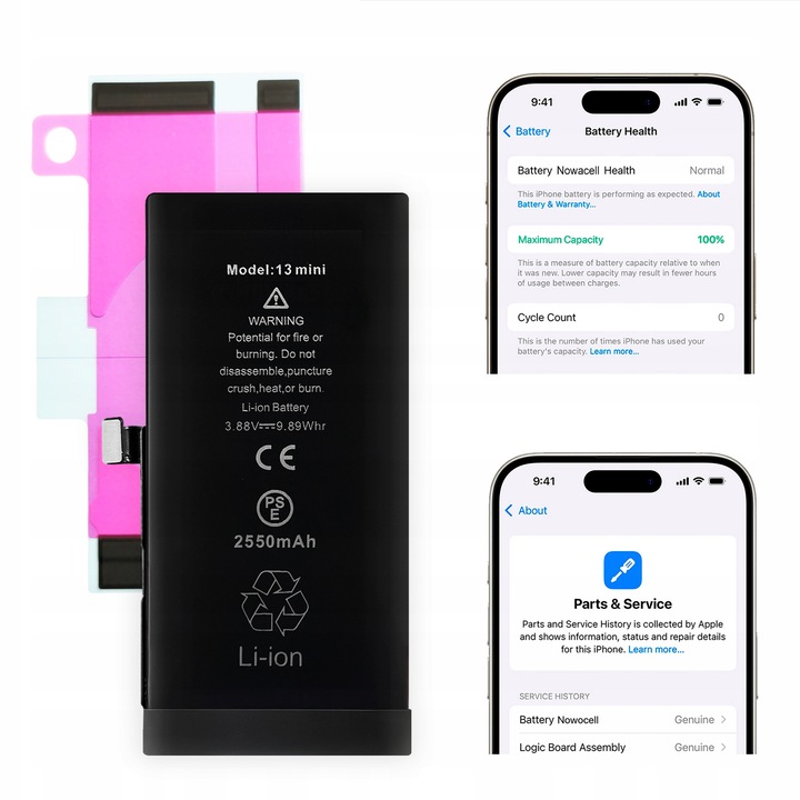 Батерия за iPhone 13 Mini 2550 mAh, Без съобщение за неоригиналност, Увеличен капацитет, 100% състояние