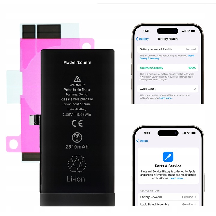 Baterie pentru iPhone 12 Mini 2510 mAh, Fara mesaj de neoriginalitate, Capacitate crescuta, Conditie 100%