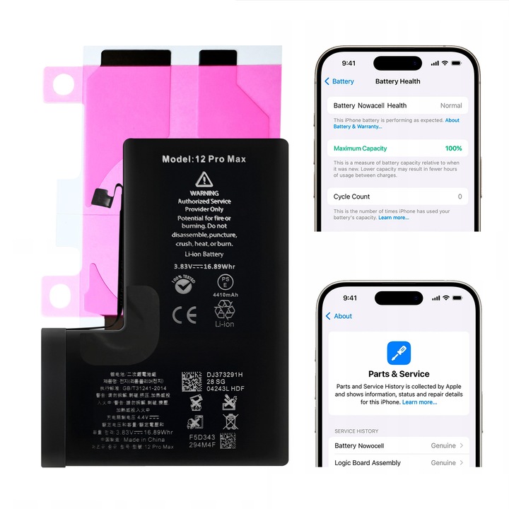 Baterie pentru iPhone 12 Pro Max 4410 mAh, Fara mesaj de neoriginalitate, Capacitate crescuta, Conditie 100%