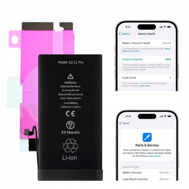 Akkumulátor iPhone 12 12 Pro 3310 mAh-hoz, Nem eredeti üzenet nélkül, Megnövelt kapacitás, 100%-os állapot