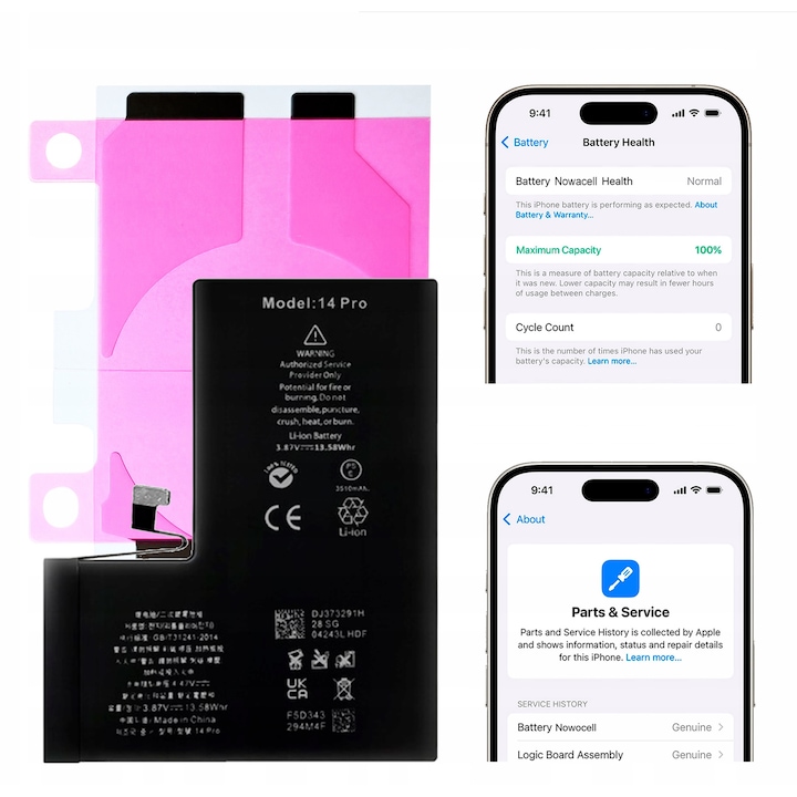 Baterie pentru iPhone 14 Pro 3510 mAh, Fara mesaj de neoriginalitate, Capacitate crescuta, Conditie 100%