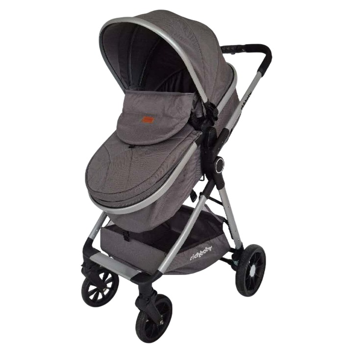 Babakocsi, Rich Baby ERBV8A, Összecsukható, Könnyű alumínium váz, Átalakítható mózeskosár sportrésszé, Megfordítható ülés, Gumi kerekek felfüggesztéssel, Állítható háttámla, 0-36 hónap, Kiegészítő kosár, Ezüst/Szürke