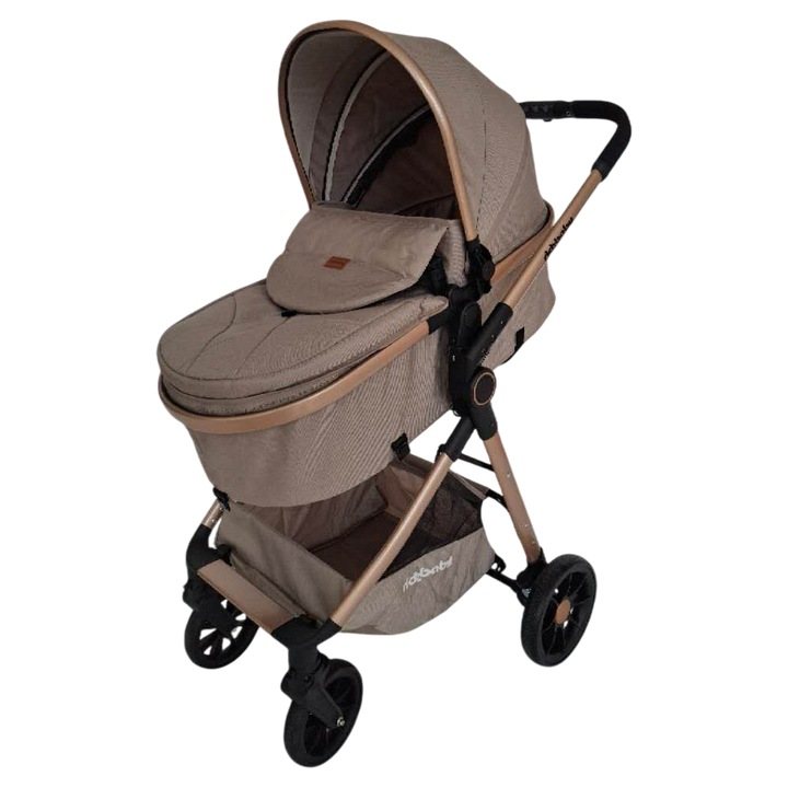 Babakocsi, Rich Baby ERBV8A, összecsukható, könnyű alumínium váz, átalakítható mózeskosár sportrésszé, megfordítható ülés, gumi kerekek felfüggesztéssel, állítható háttámla, 0-36 hónap, kiegészítő kosár, arany/krémszínű