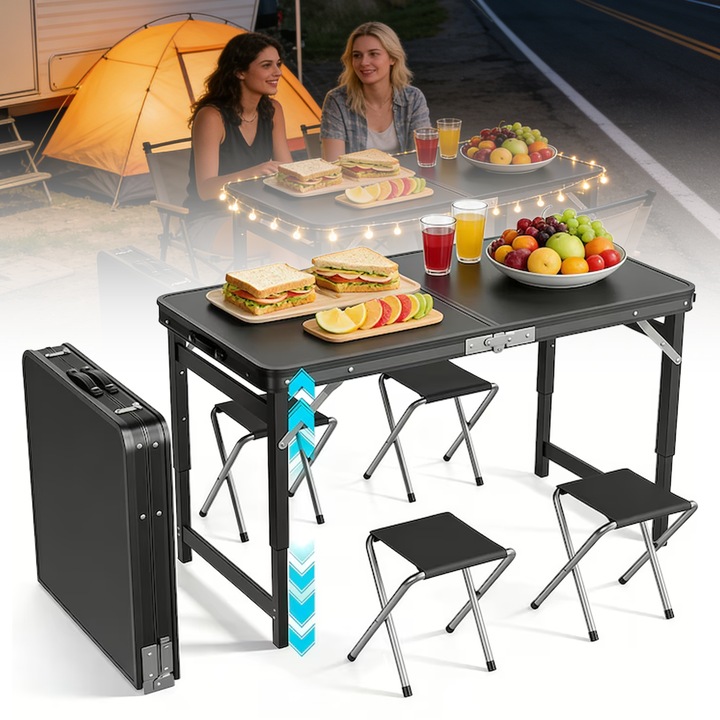 Masa turistica pliabila, Wacorresi, masa camping portabil cu 4 scaune, aluminiu, Blat Din MDF, cu maner, picioare antiderapante, Impermeabila, 3 inaltime reglabila, usoare, rezistente, pentru Picnic, interior si exterior, 120x60x72 cm, Negru