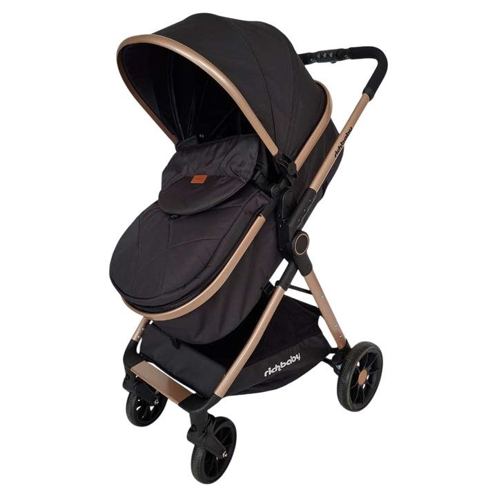 Бебешка количка, Rich Baby ERBV8A, Сгъваема, Лека алуминиева рамка, Трансформиращ се кош за новородено в седалка, Реверсивна седалка, Гумени колела с амортисьори, Регулируема облегалка, 0-36 месеца, Кош за аксесоари, Златисто/Черно