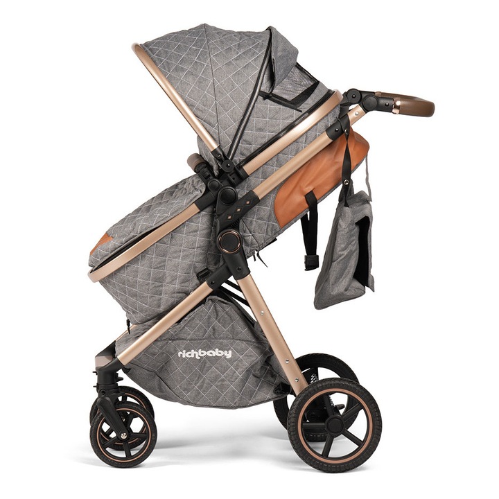 Carucior bebe, Rich Baby ERBV8T, Pliabil, Cadru Aluminiu Usor, Landou Transformabil Sport + Scoica, Sezut Reversibil, Roti Cauciuc cu Suspensii, Spatar Reglabil, 0-36 luni, Cos Accesorii, Golden/Gray